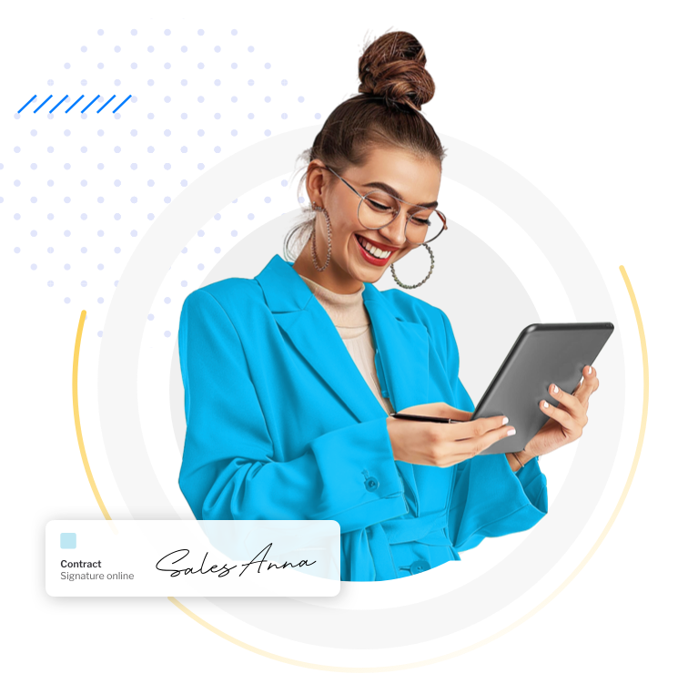 A woman holding a tablet and signing a contract.