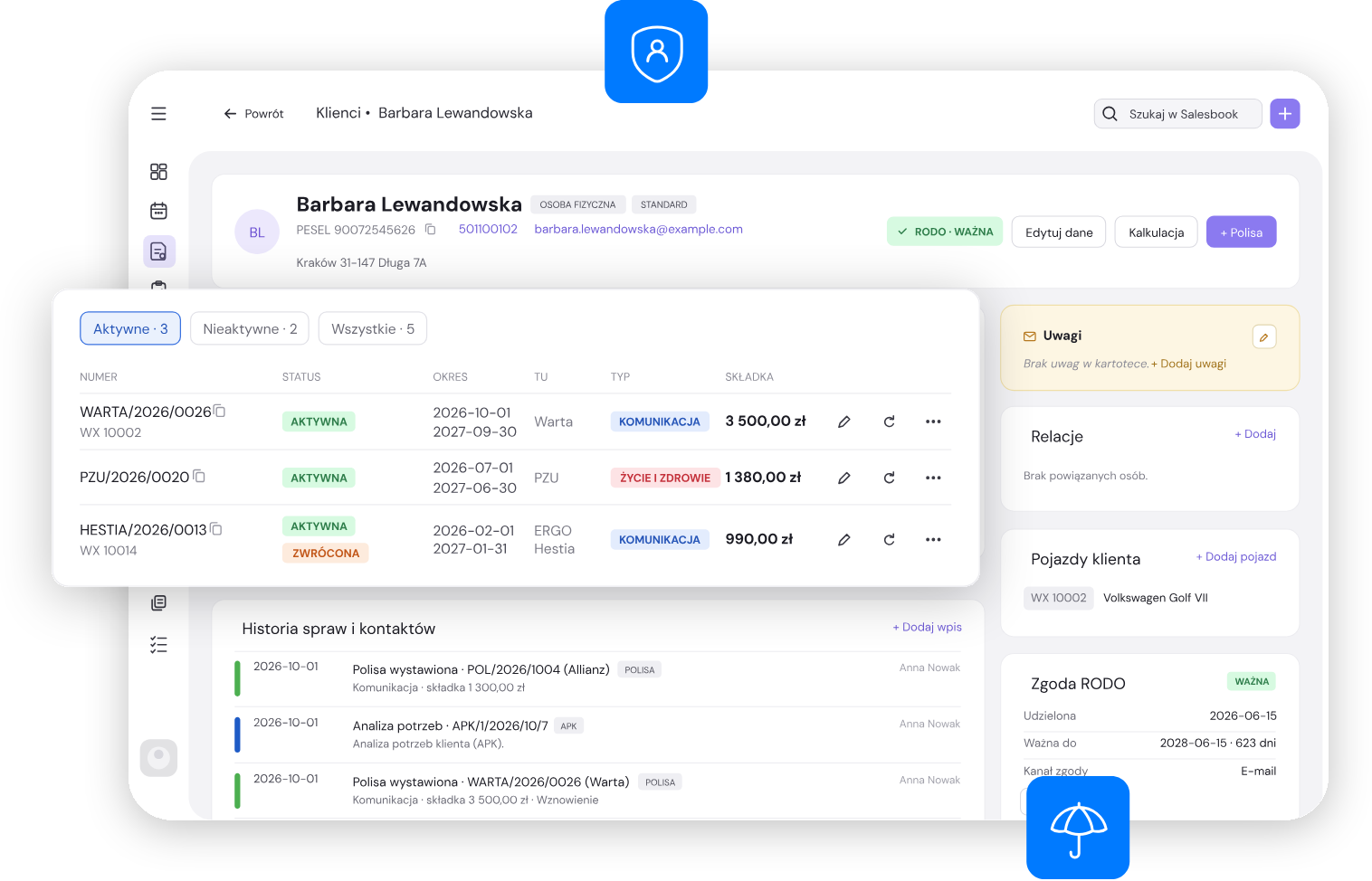 Client card in Salesbook with policies and contact history