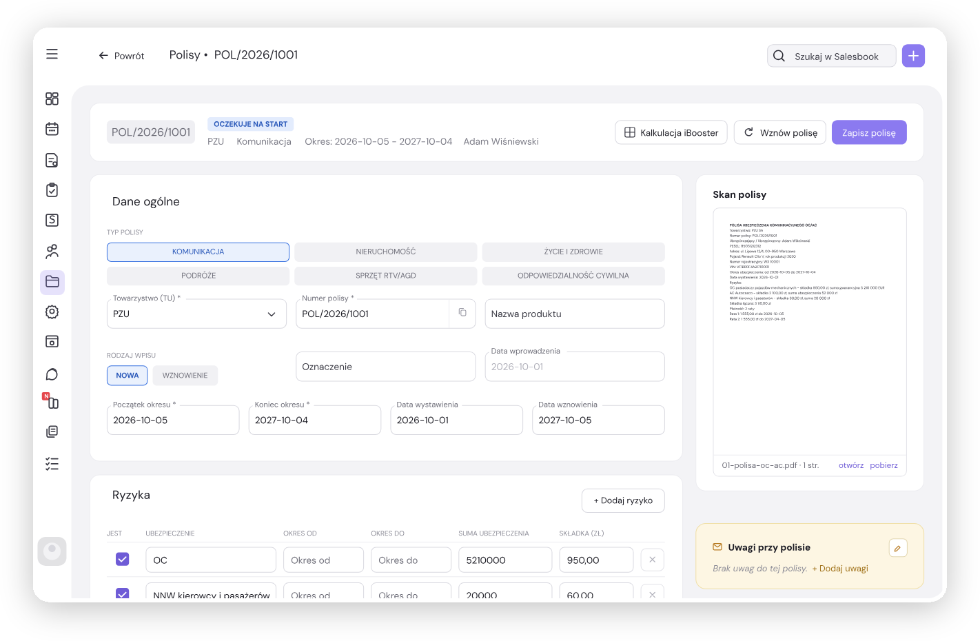 Policy registration in Salesbook