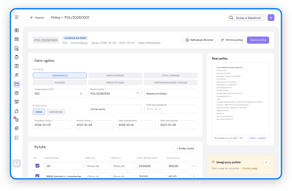 Salesbook screens: client card, policy and needs analysis