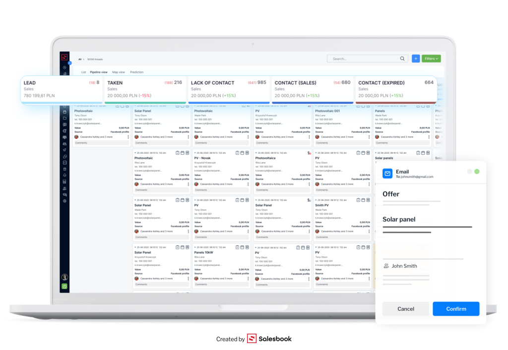 Salesbook CRM system interface with sales funnel and lead automation.