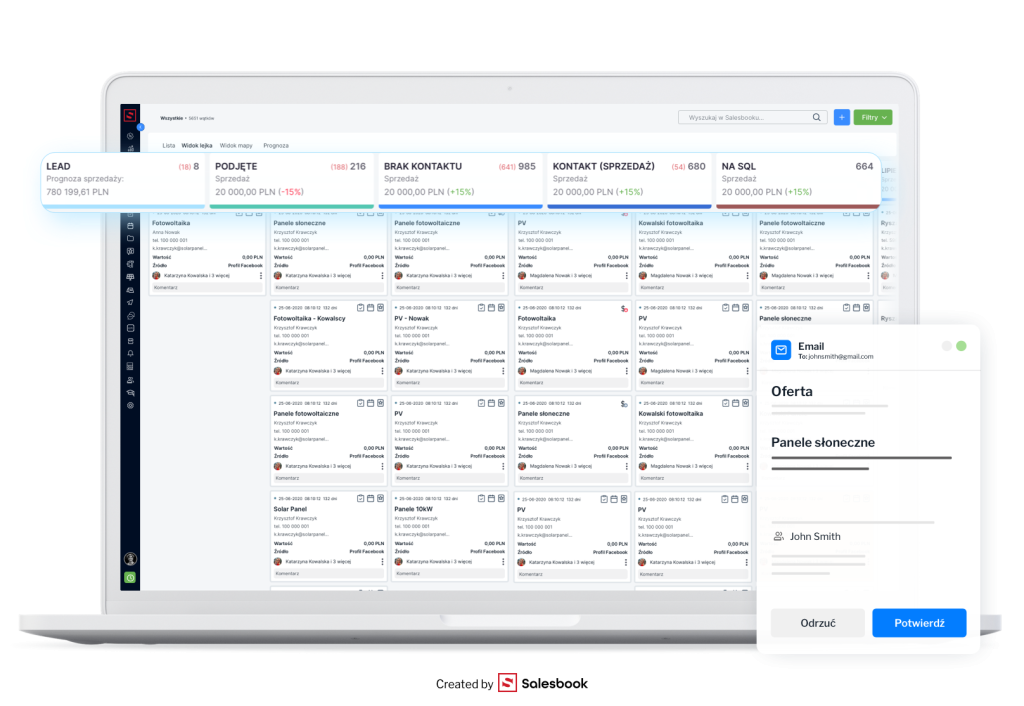Interfejs systemu CRM od Salesbooka z lejkiem sprzedaży i automatyzacją leadów.