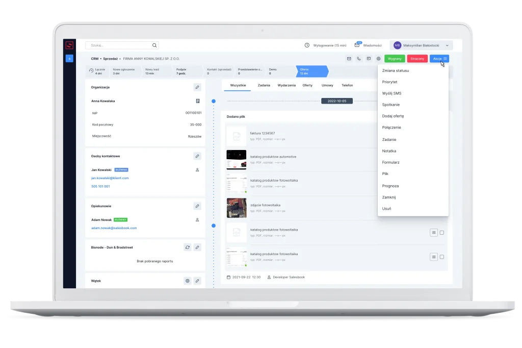 Lista funkcji Salesbook CRM dostępnych w przycisku Akcje.