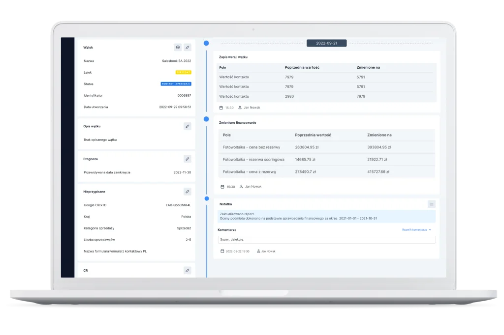 System CRM pozwala sprawdzić historię edycji wybranego wątku.