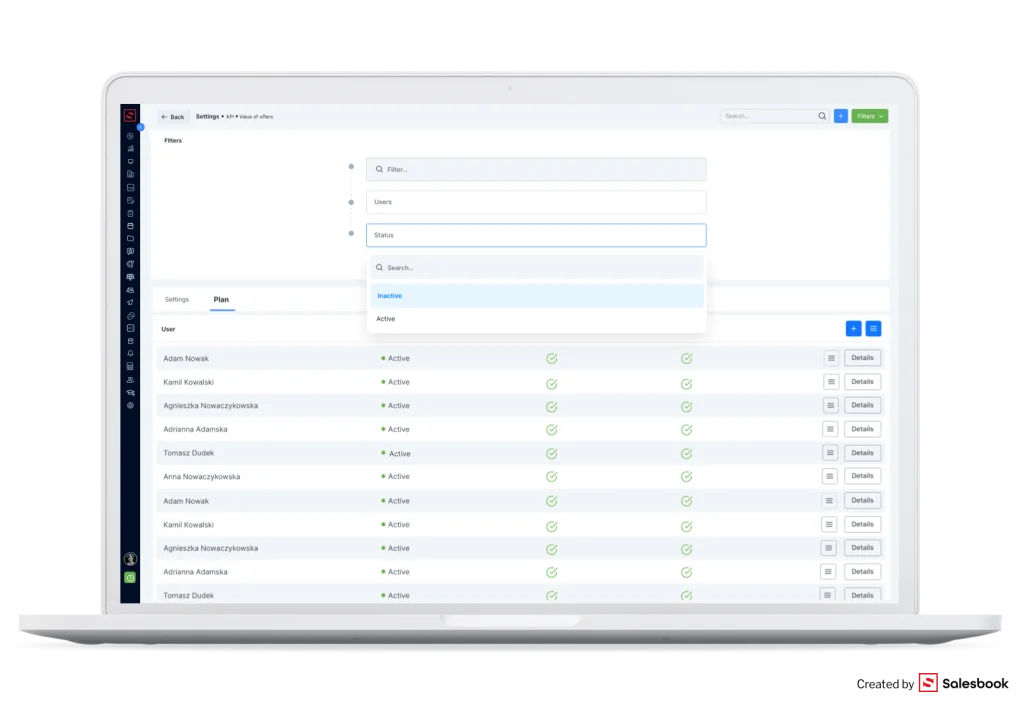 Filtry w module KPI w Salesbook CRM.