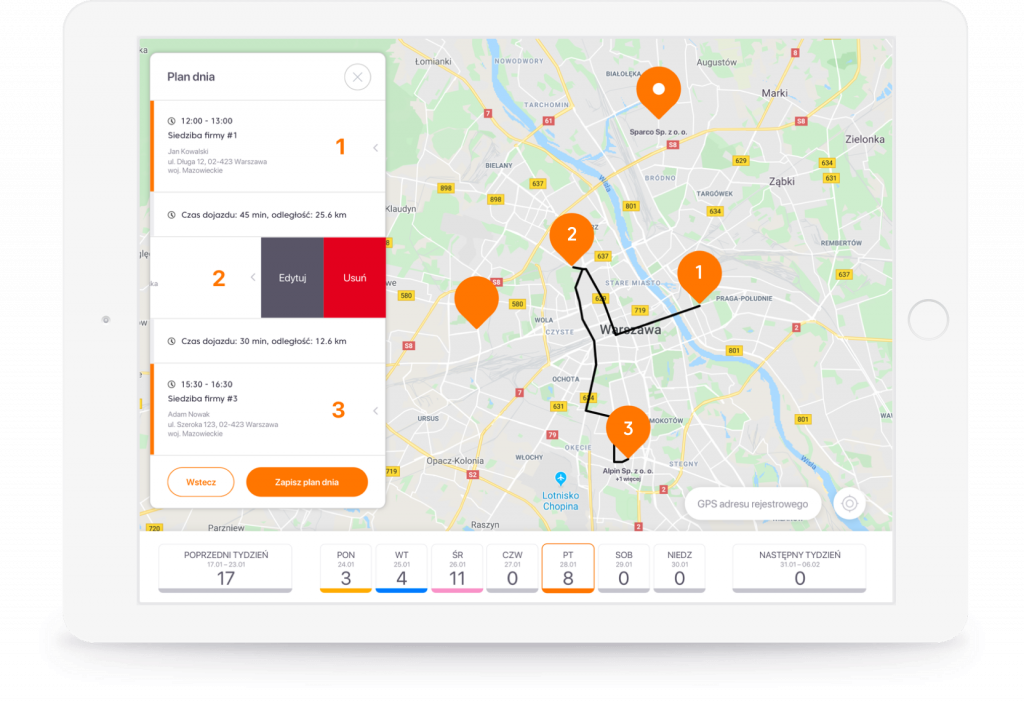 Zrzut ekranu aplikacji SFA Salesbook, który przedstawia automatycznie wygenerowaną i zoptymalizowaną trasę dojazdu do klientów.