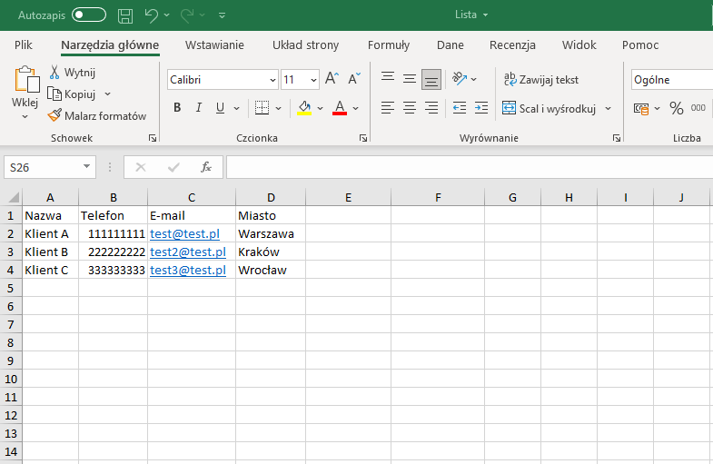 Plik Excel z przykładowymi danymi.