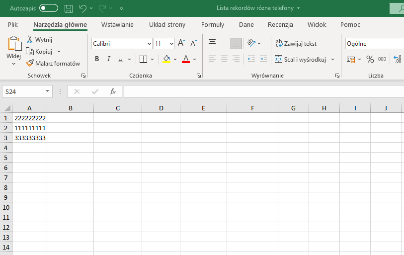 Plik Excel z przykładowymi danymi.