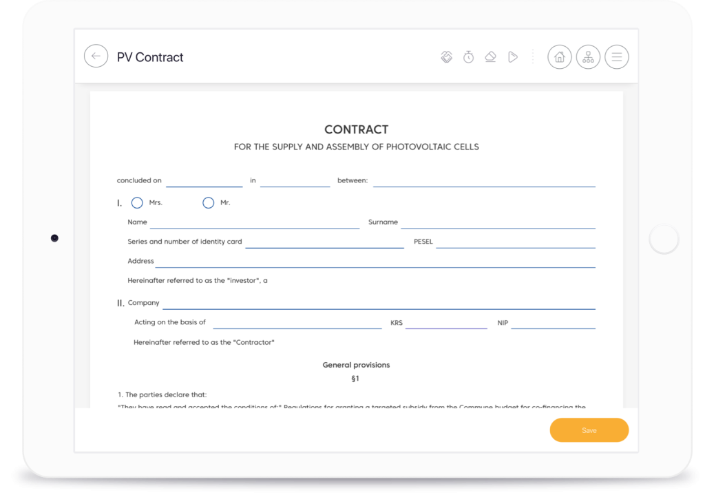 The application allows for quick signing of the contract. The template is automatically filled with the customer's data and parameters of the calculated installation.